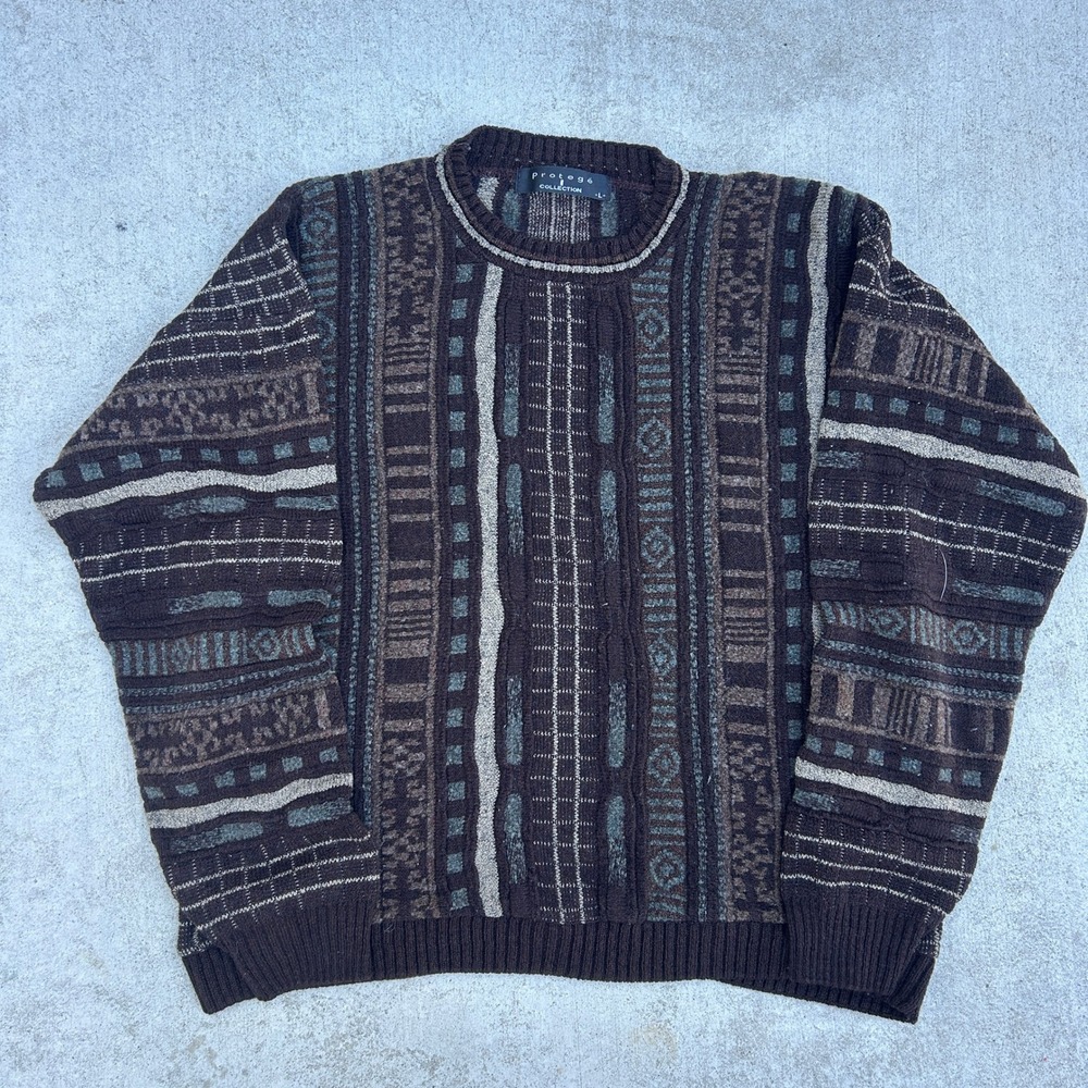 Protege Collection Vintage 90s Knit Sweater Large Brown Earth Tone Coogi Style L